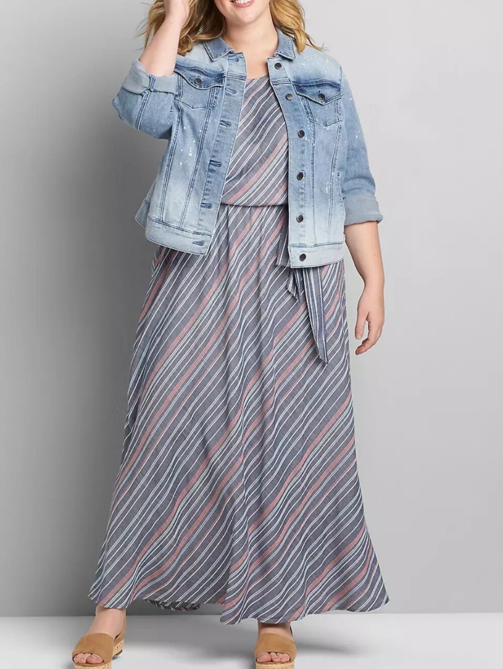 Lane Bryant Striped Maxi Dress in Slate Gray with Pink & White Stripes